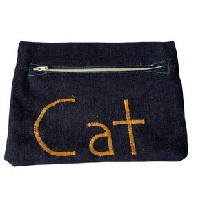 Handmade Denim Cat-Themed Zipper Pouch With Embroidered Details